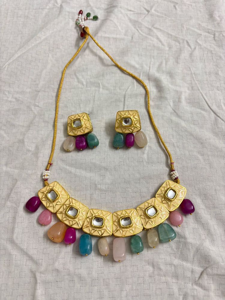 Kundan &amp; Multi Coloured Beads Necklace &amp; Earrings