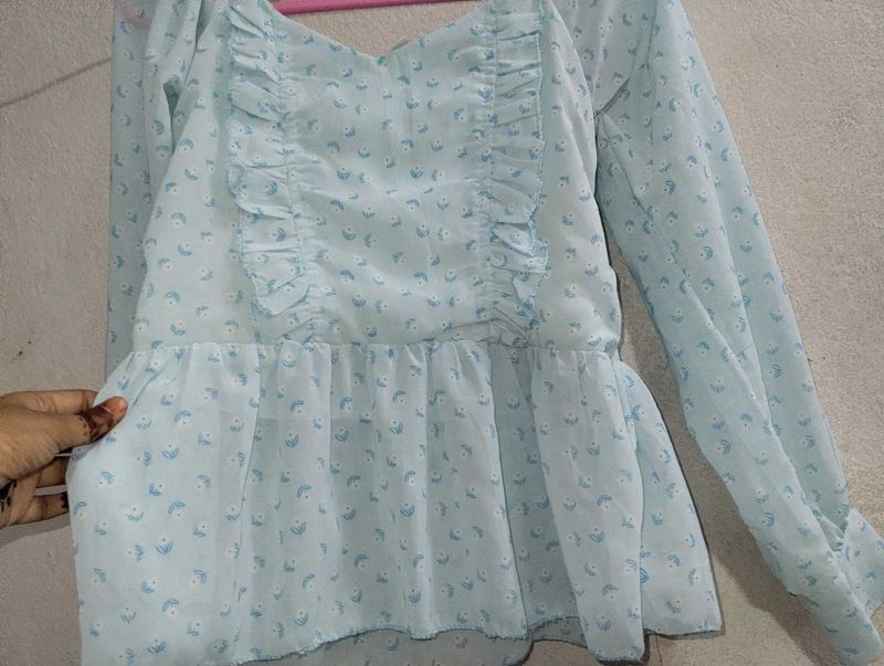 Light Blue Floral Ruffle Blouse