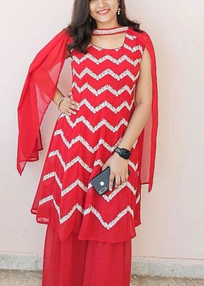 Red Chevron Print Kurta Set