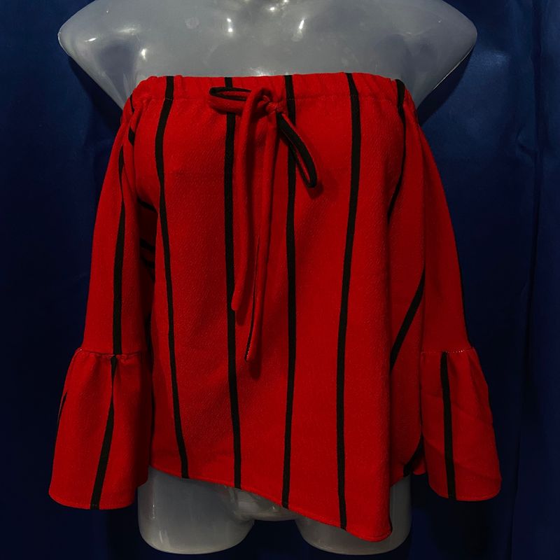 Red &amp; Black Off-Shoulder Crop Top With Bell Sleeve