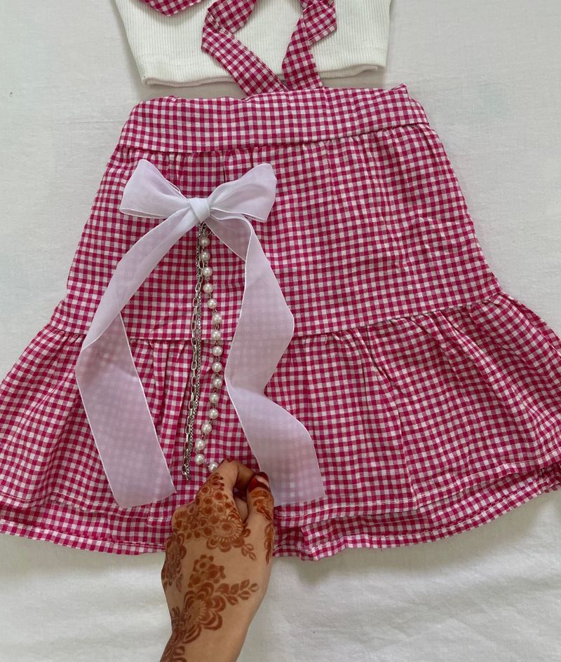 Imported Pink Gingham Pearl &amp; Bow Accented Skirt