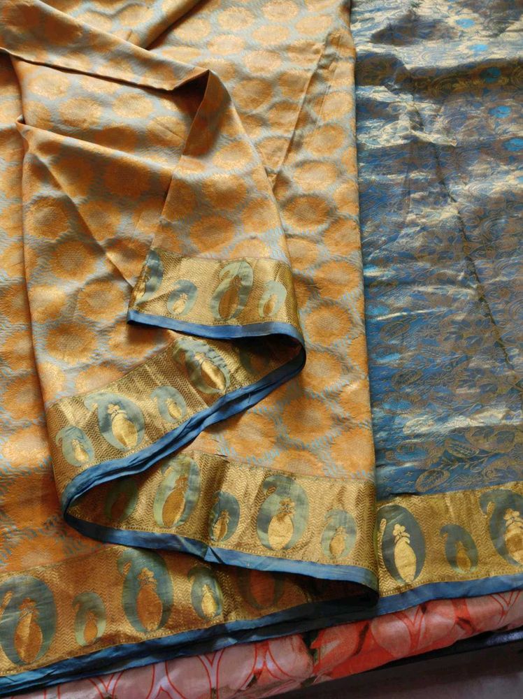 Elegant yellow And blue korvai silkSaree