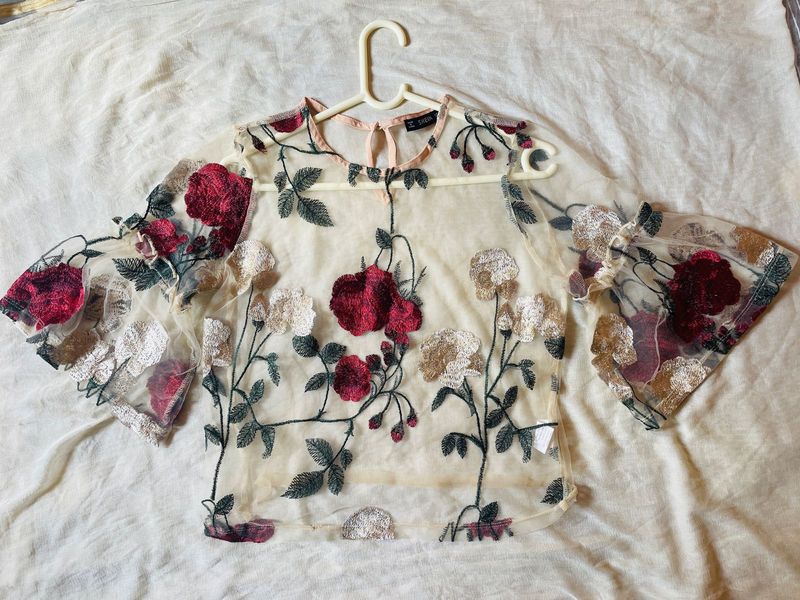 Champagne Coloured Floral Embroidered Sheer Top