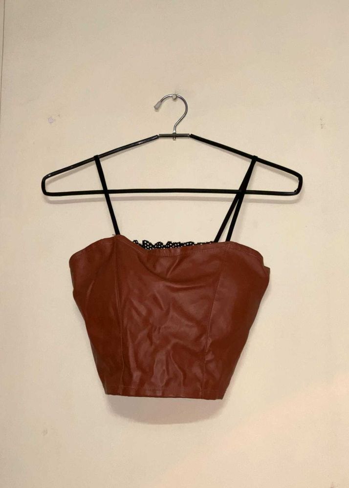Brown Faux Leather &amp; Lace Back Crop Top