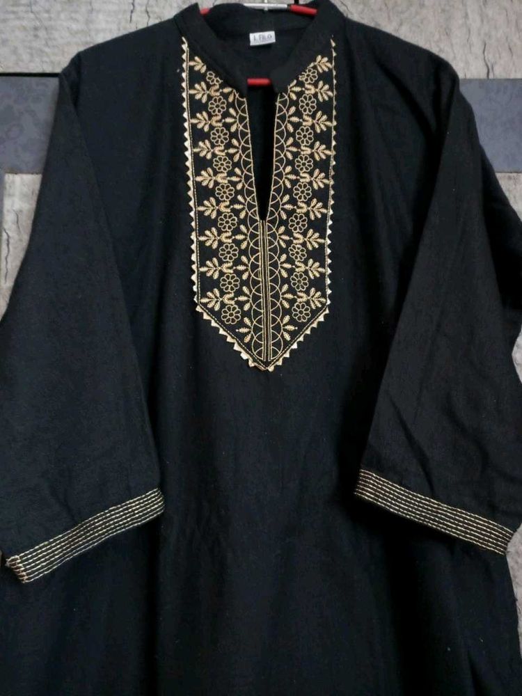 Black Woolen Warm Kurta with Gold Embroidery