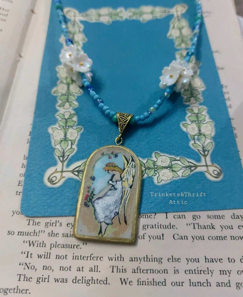 Angel By The Window Clay Pendant Blue Necklace
