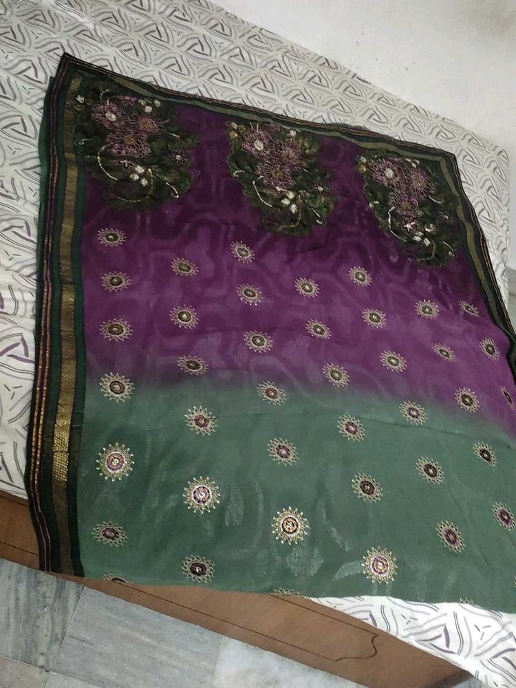 Purple and Green Embroidered Saree