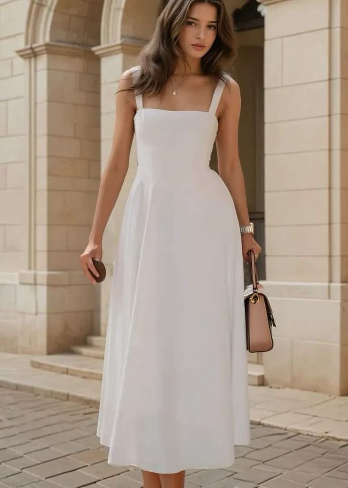 Newme white solid fit flare dress 👗