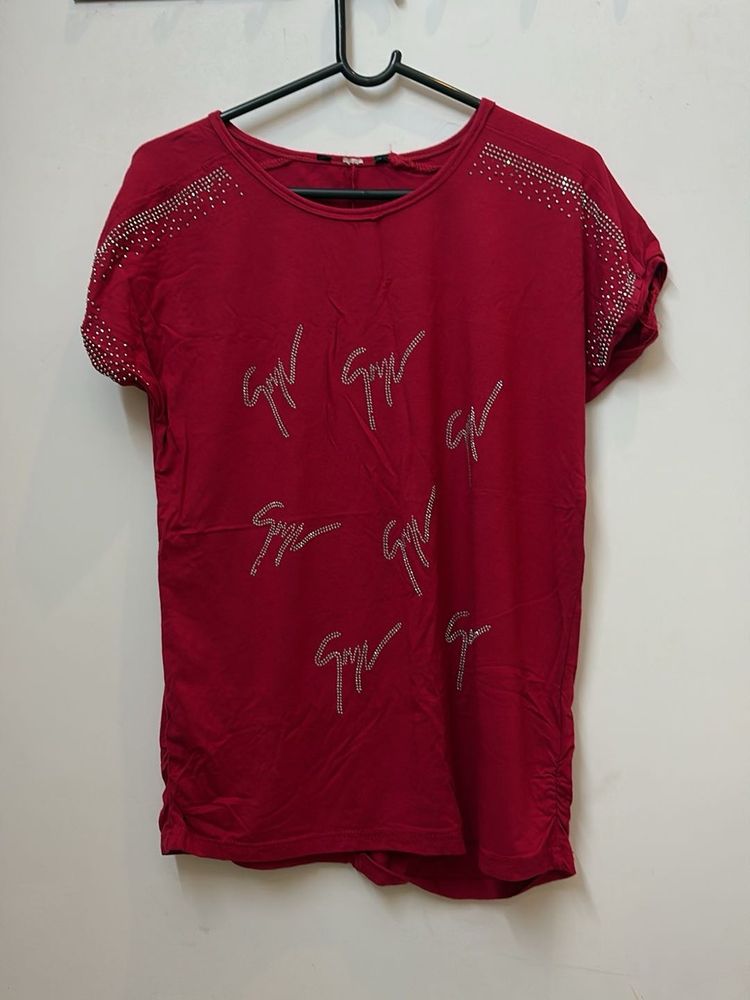 Red Embellished Women's T-Shirt