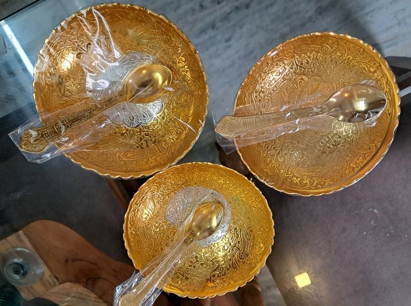 Set Of 3 Golden Bowl With Spoon Diwali Gifting