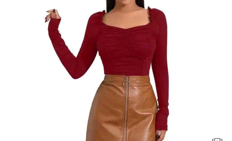 women maroon ruched long-sleeve square-neck top