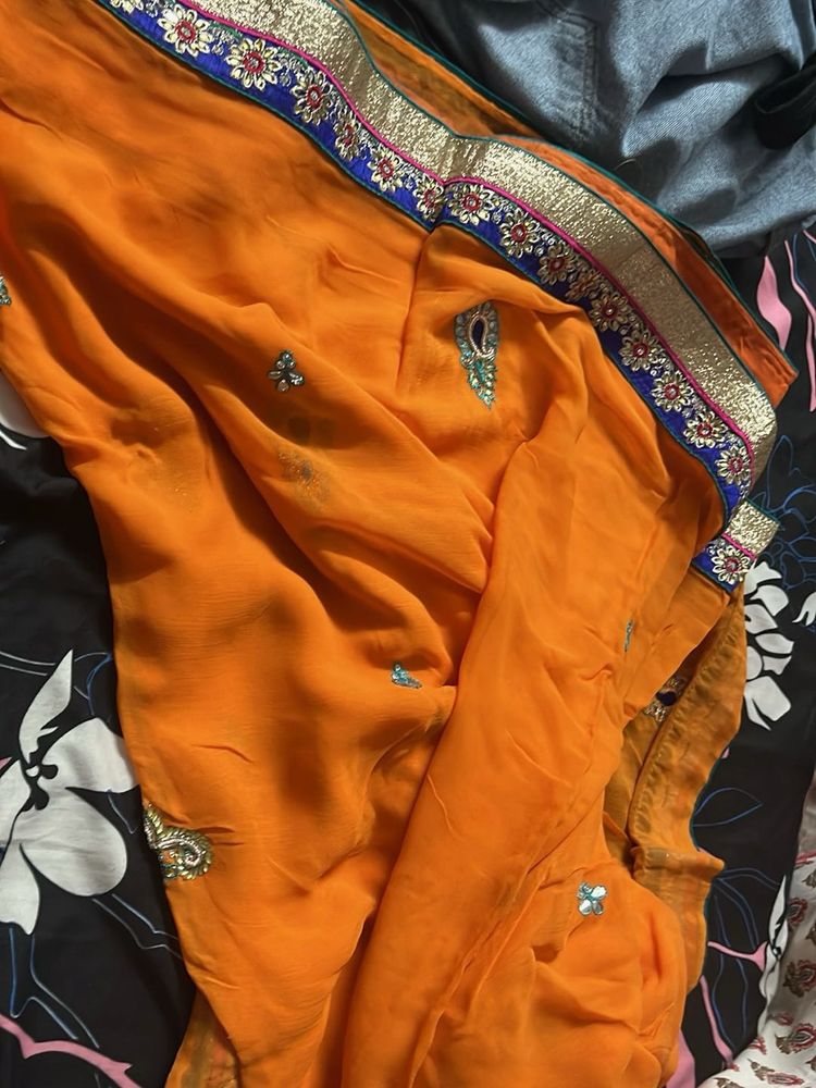 Orange Sari with Embellishments