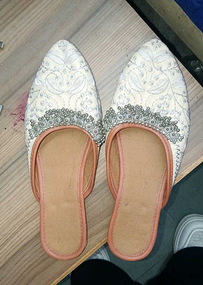 Embroidered White Mules