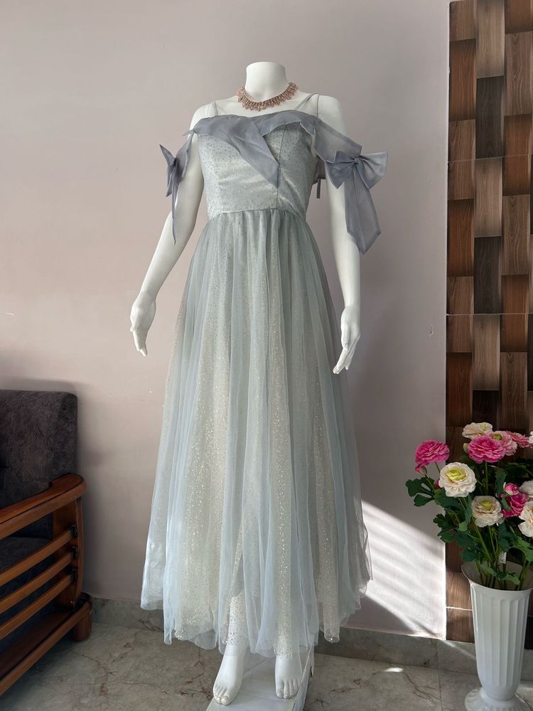 Greyish blue off shoulder with golden shimmer