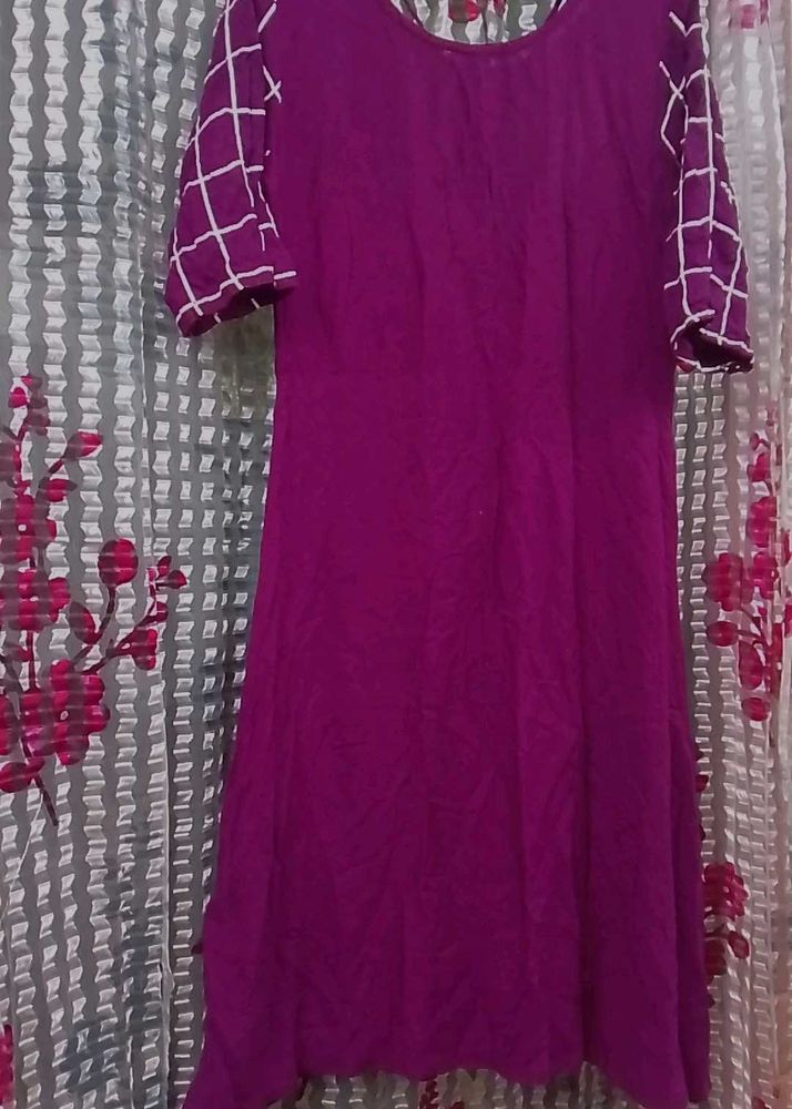 Purple Tunic Kurti with Checked Sleeves