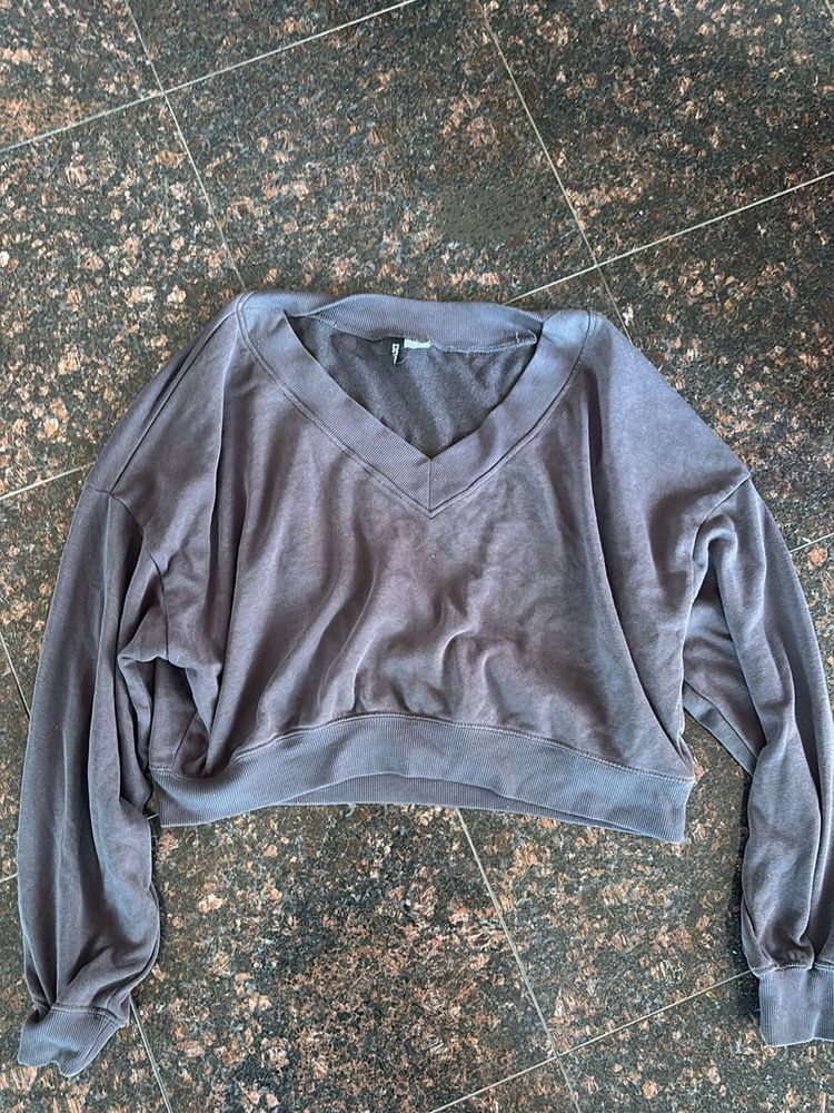 Dark Grey V-Neck Cropped Sweatshirt