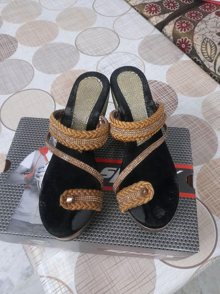 Black And Golden Wedges With Heels