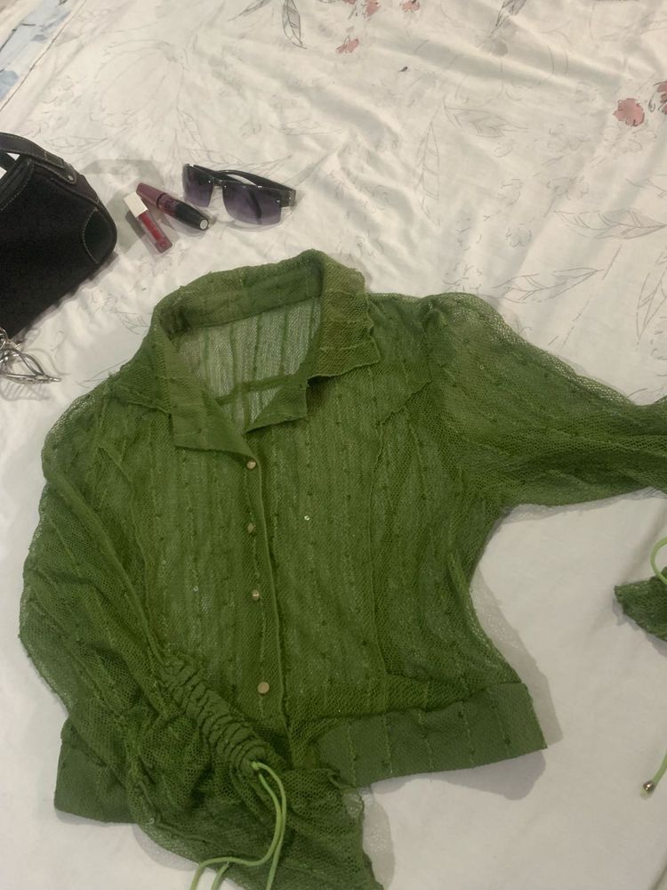 Green Sheer Button-Up Top