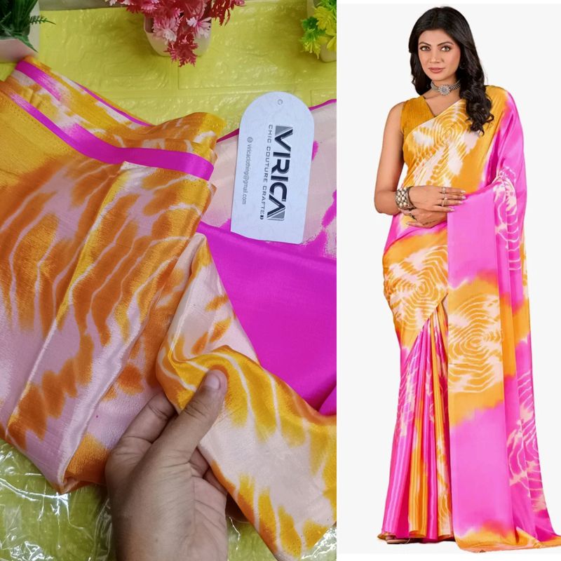 Vrica Pink &amp; Yellow Tie Dye Saree