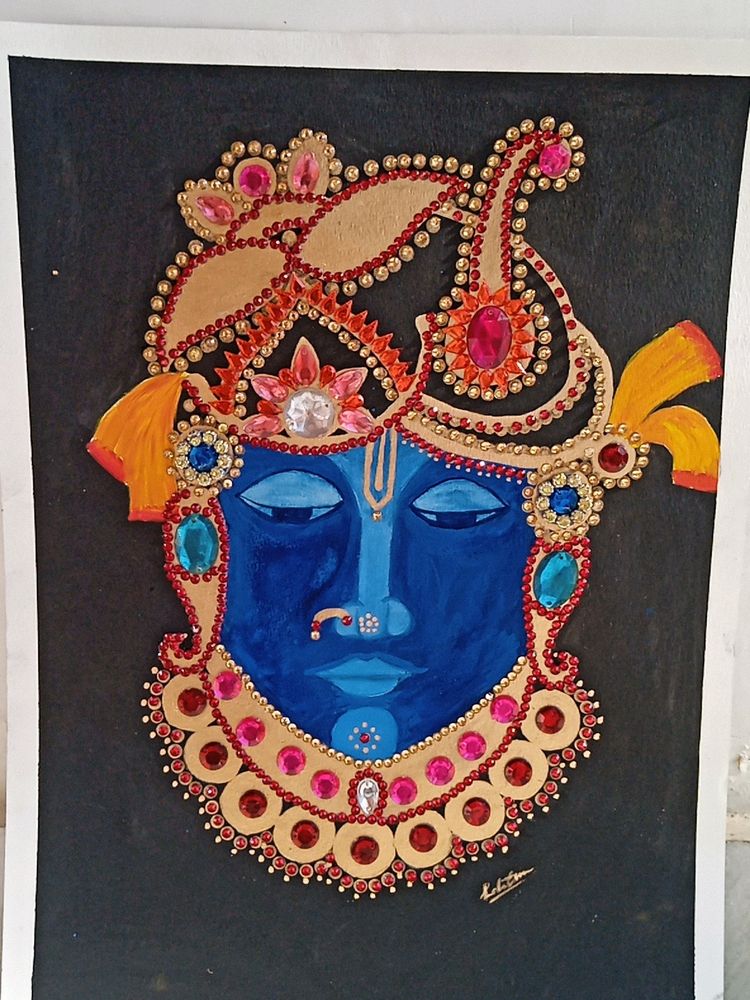 Hand painted shri nath ji painting ,decorated with colourful stones.