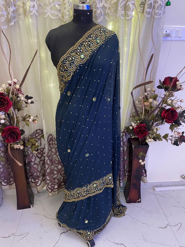 heavy Navy Blue Embellished Saree