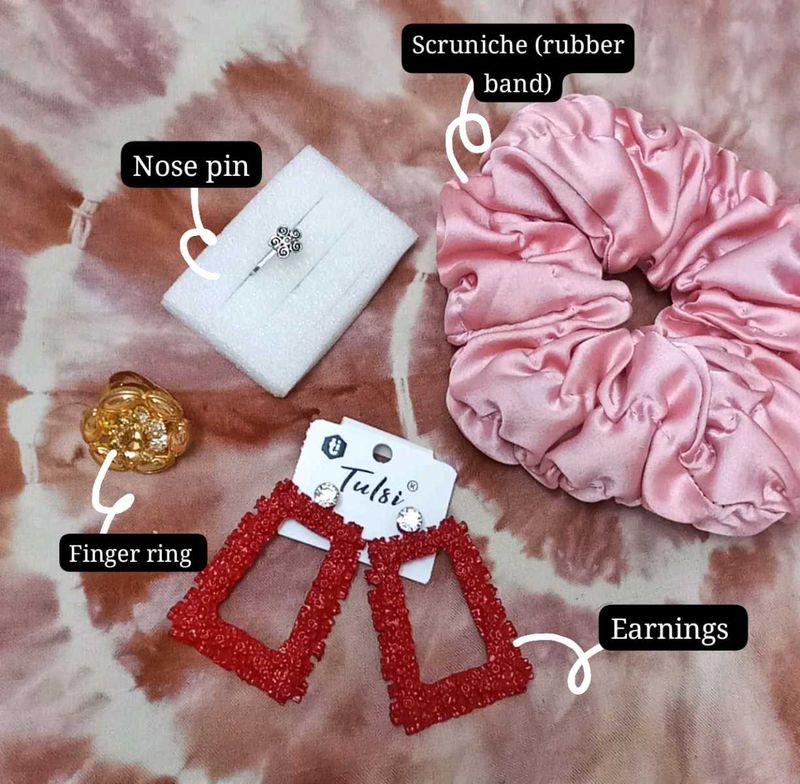 earnings, finger ring, scruniche,nose pin combo se
