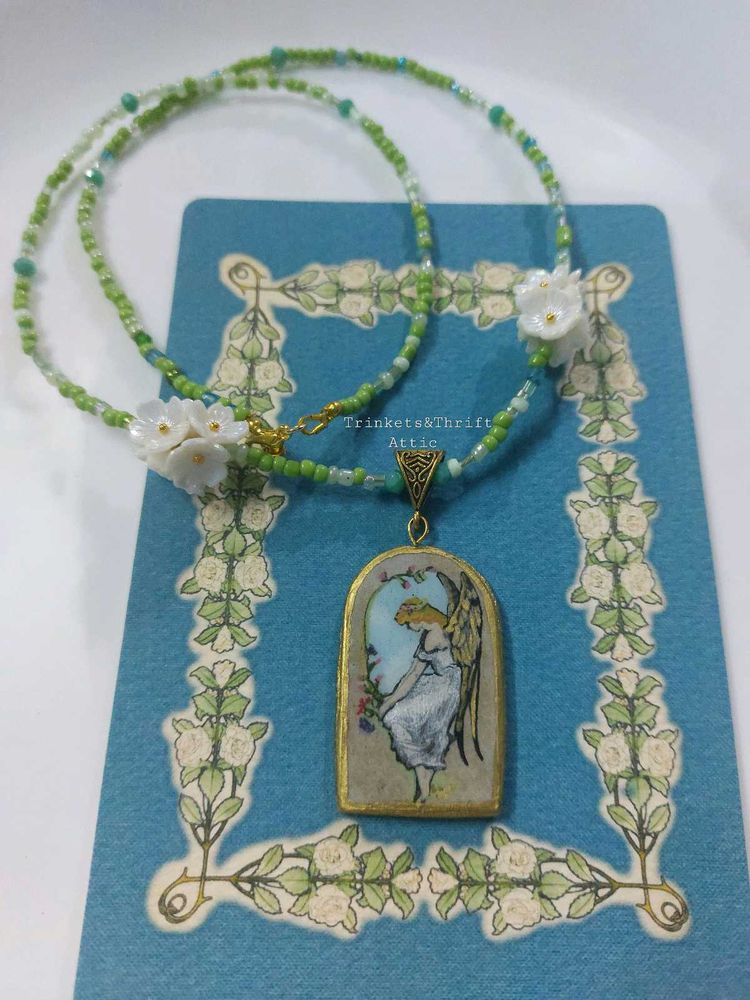 Angel By The Window Clay Pendant Necklace Green