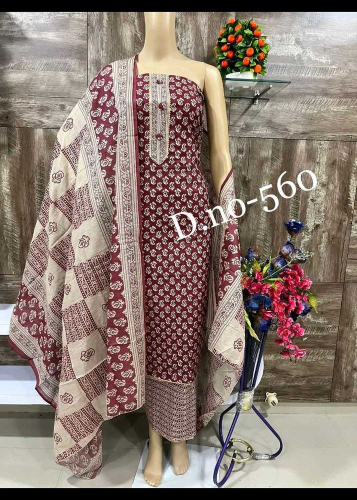 Maroon Block Print Dress Material