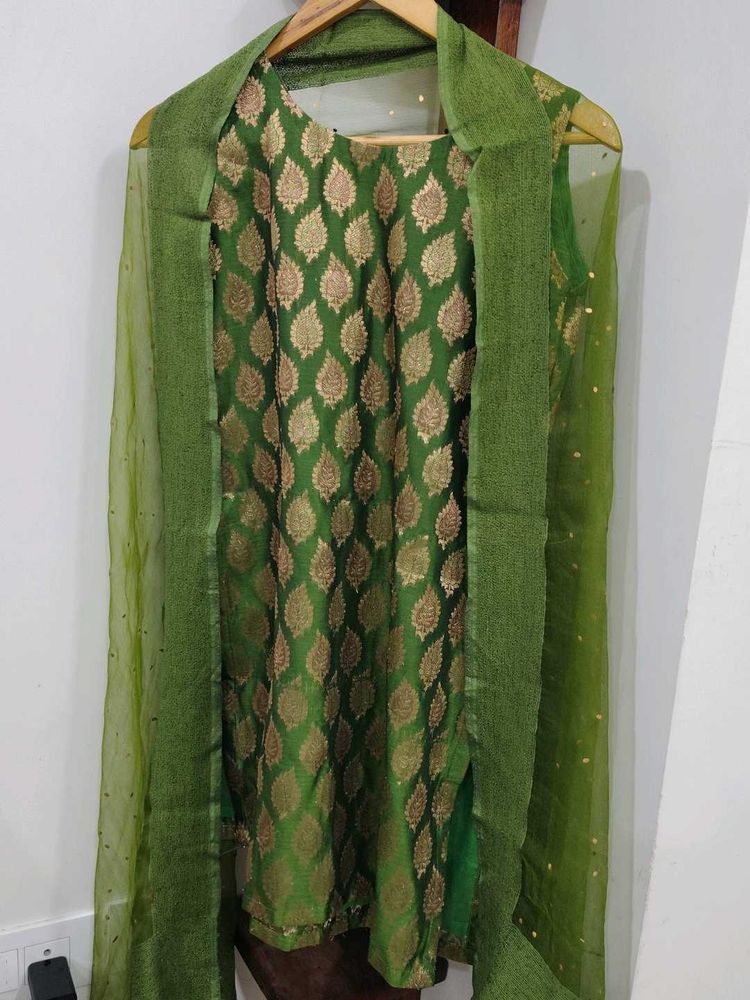 Green &amp; Gold Silk Suit And Dupatta
