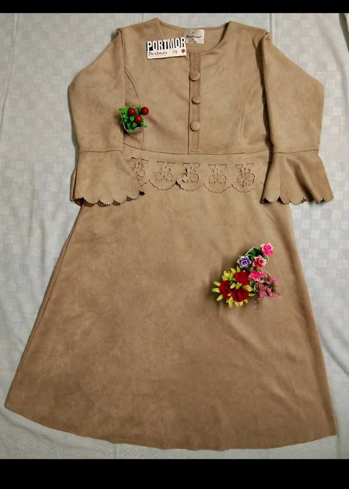 Suede Leather Elegant Tan Dress For Winter