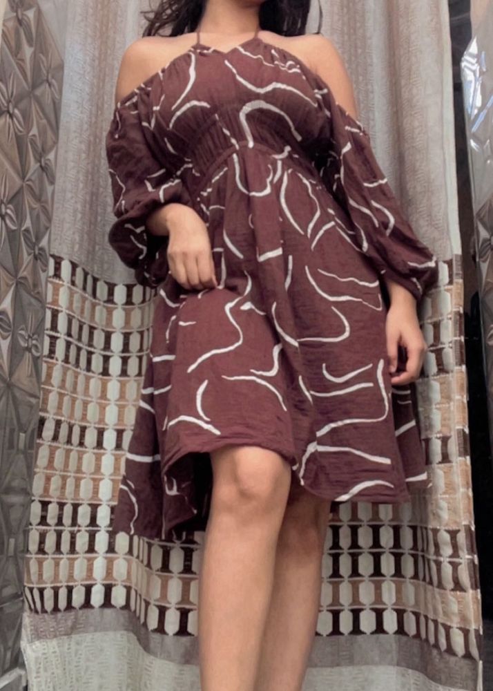brown offshoulder with neck strip dress