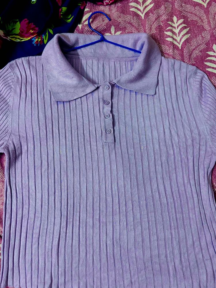 Lilac Ribbed Polo Top