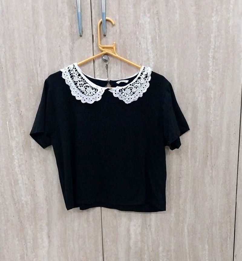Black Top with Lace Collar