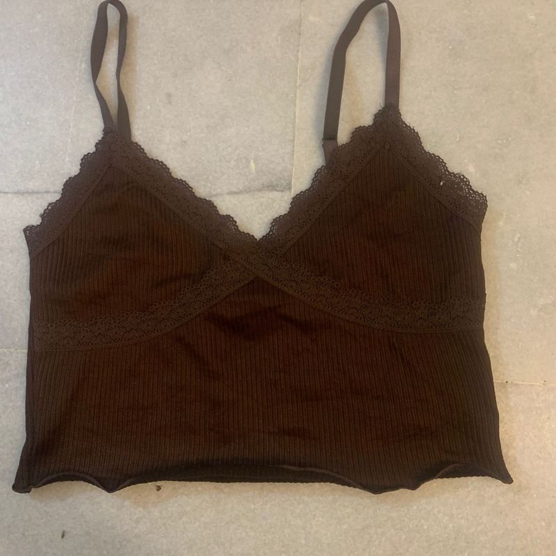 Brown Ribbed Lace Trim Cami