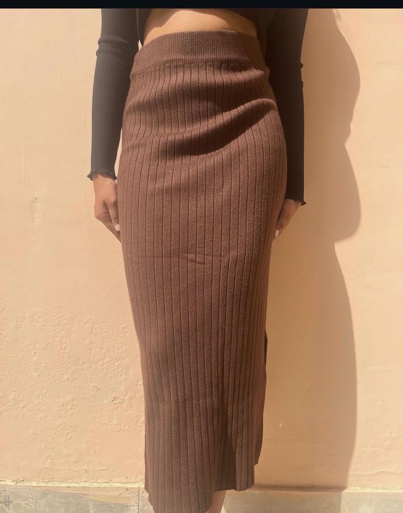 Brown Knit Midi Skirt