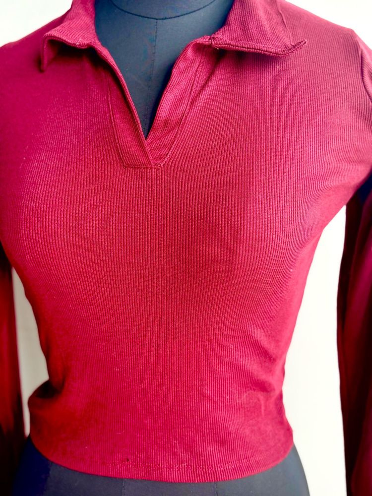 Maroon Ribbed Long Sleeve Stretchable Top