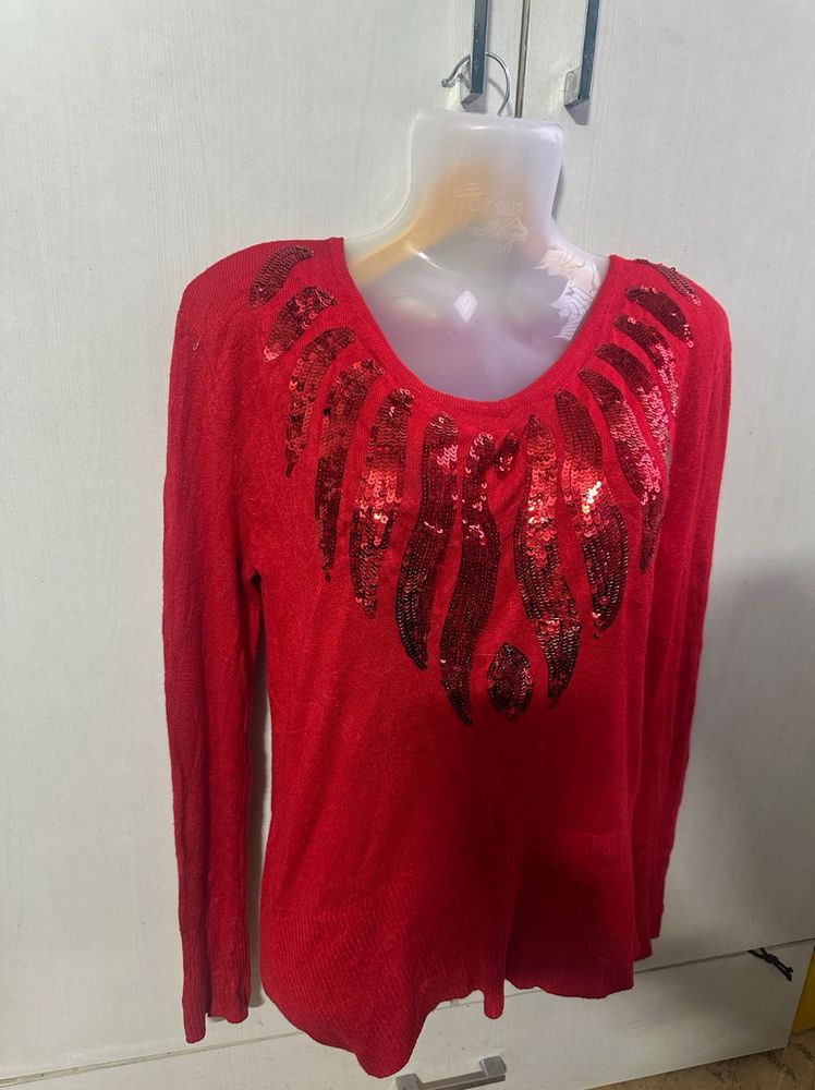 Red Sequin Embellished Top