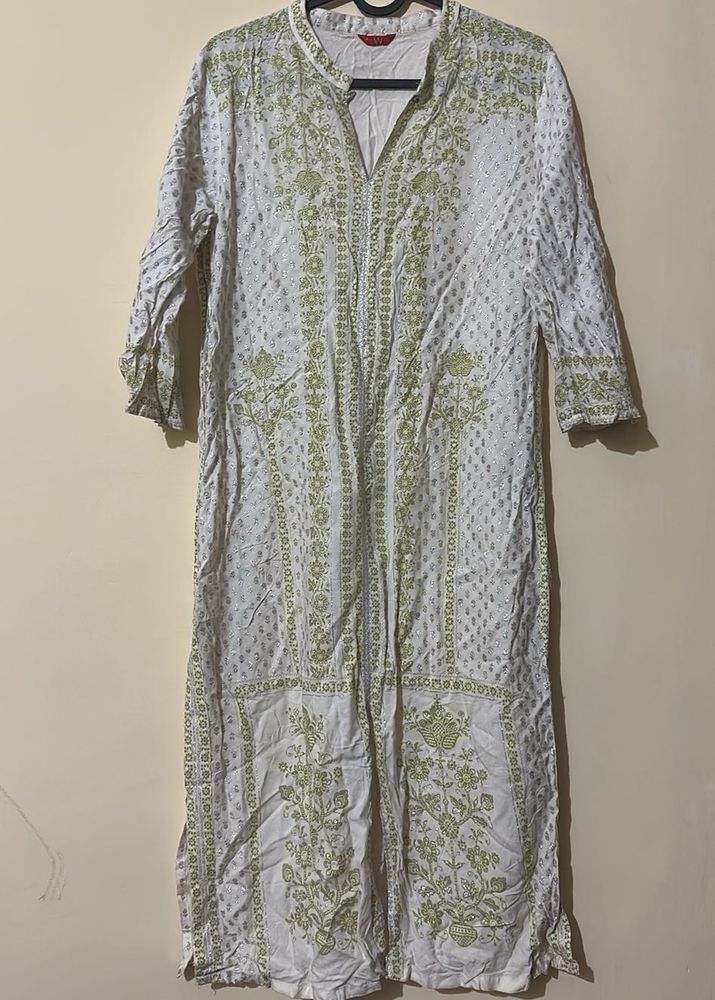 W for Woman Green Mandarin Neck printed Kurta