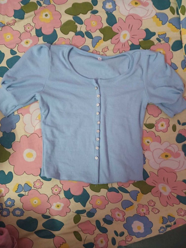 Cute Light Blue Puff Sleeve Top