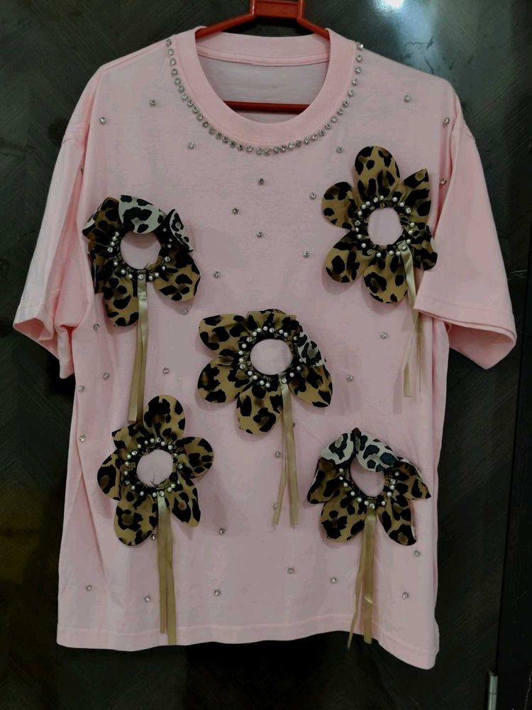 Pink Leopard Floral Embellished Tee