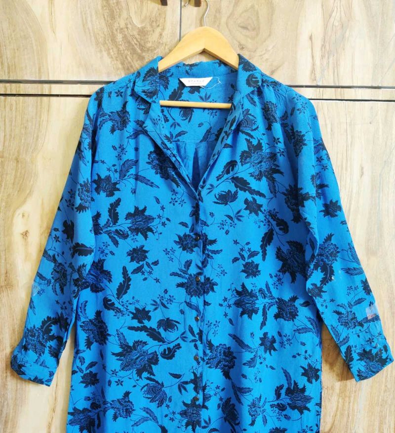 Blue Printed Long Shirt Size-36