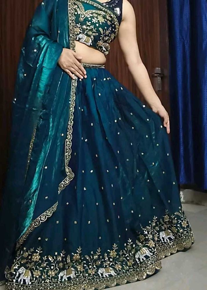 Mid Green color Hand Embroidery work Lehenga