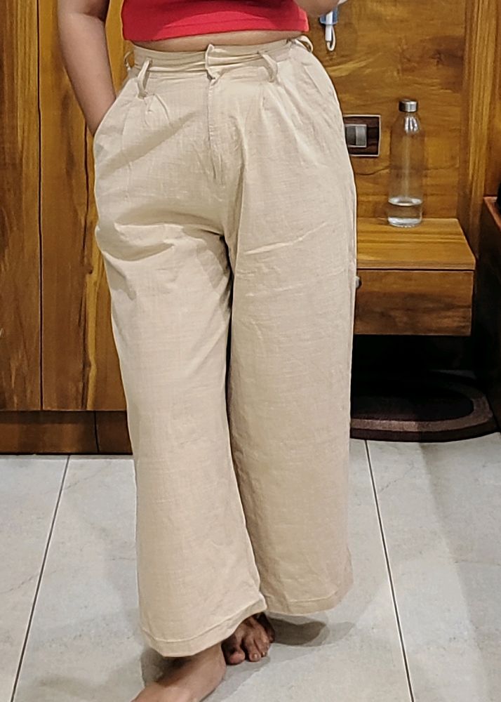 Tokyo talkies Beige Wide Leg Cotton Trouser