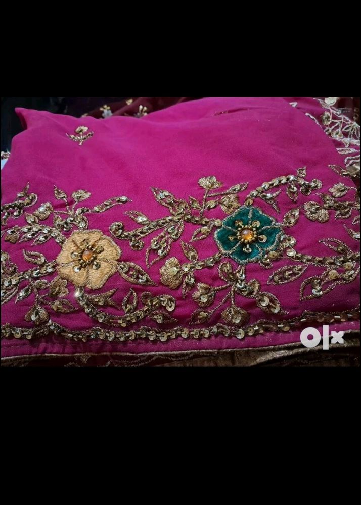 Dark Pink Saree With Embroidery Work No Ret