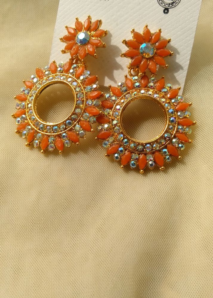 Elegant Orange Colour Earrings (Stoned)