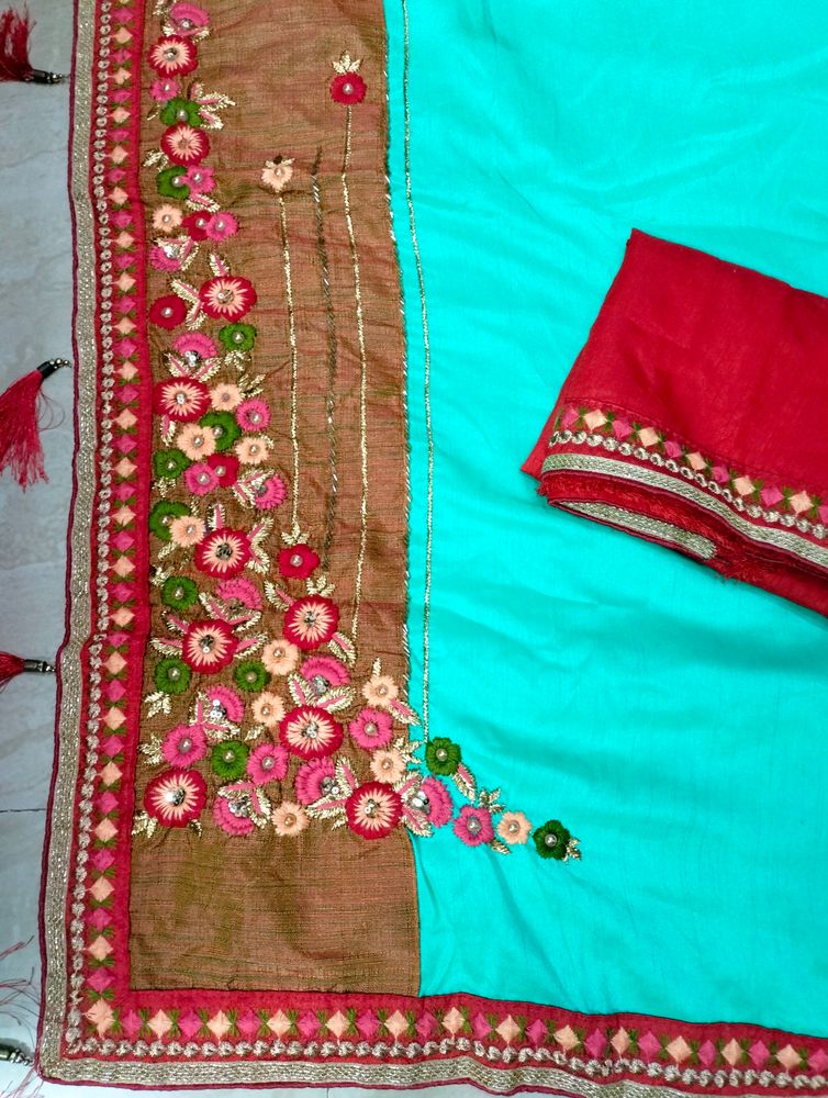 Green Heavy Work Saree With Blouse +, Mehndi Gree