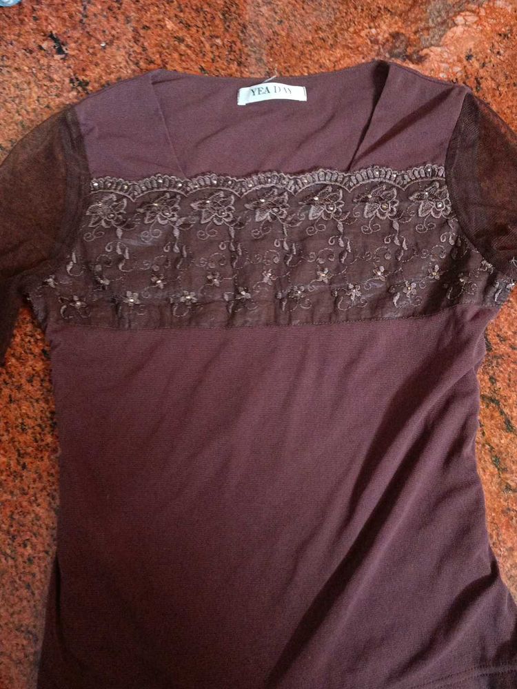 Brown Floral Lace Top