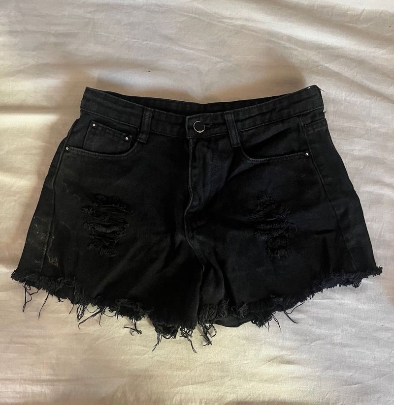 Distressed Black Denim Shorts