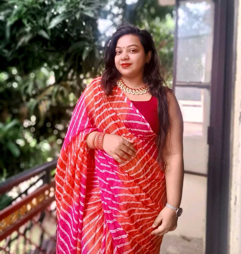 Striped Saree - Pink and Orange