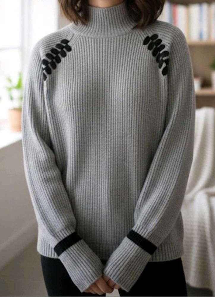 Cozy Grey Ribbed Knit Turtleneck Sweater